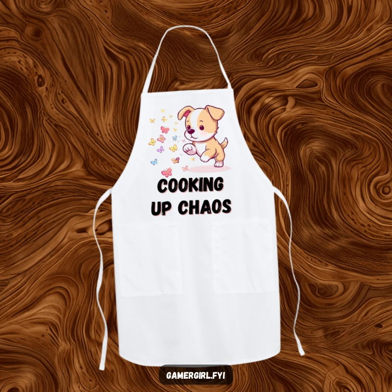 Funny apron showcasing a playful puppy herding tiny, glowing pixelated butterflies. Kitchen apparel for animal lovers.