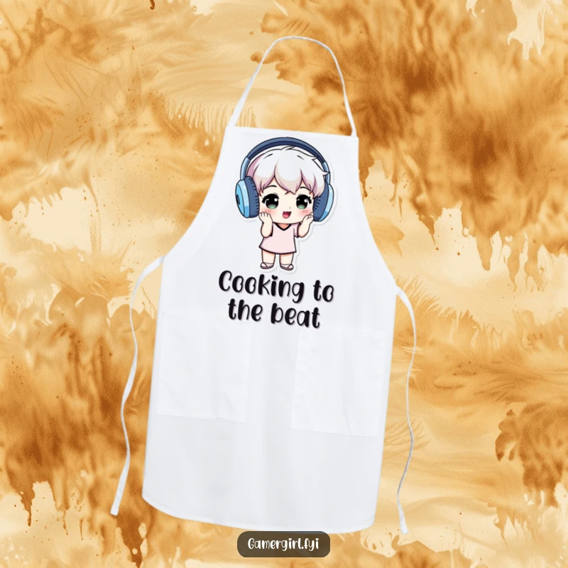 Funny apron with a small individual wearing oversized headphones, grooving happily to music, perfect for kitchen beats.