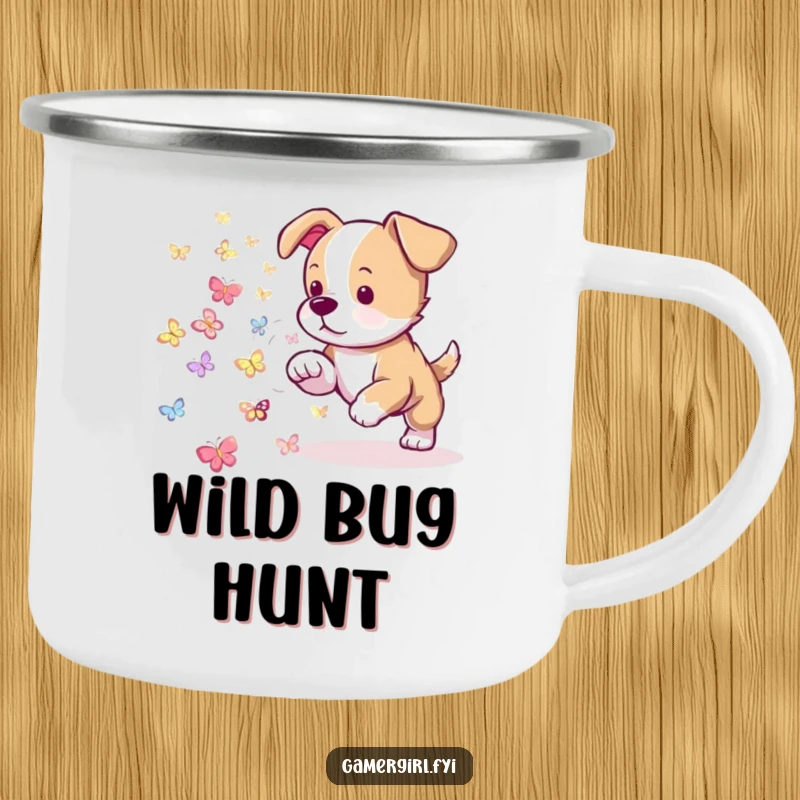Funny camping mug depicting a playful puppy trying to herd tiny, glowing pixelated butterflies. Outdoor gear for dog lovers.