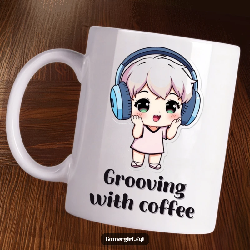 Funny mug showing a small individual wearing oversized headphones, joyfully grooving to the music, embodying pure auditory bliss.