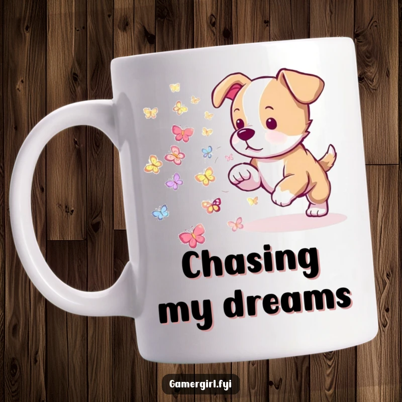 Funny mug featuring a playful puppy trying to herd tiny, glowing, pixelated butterflies with enthusiastic determination.