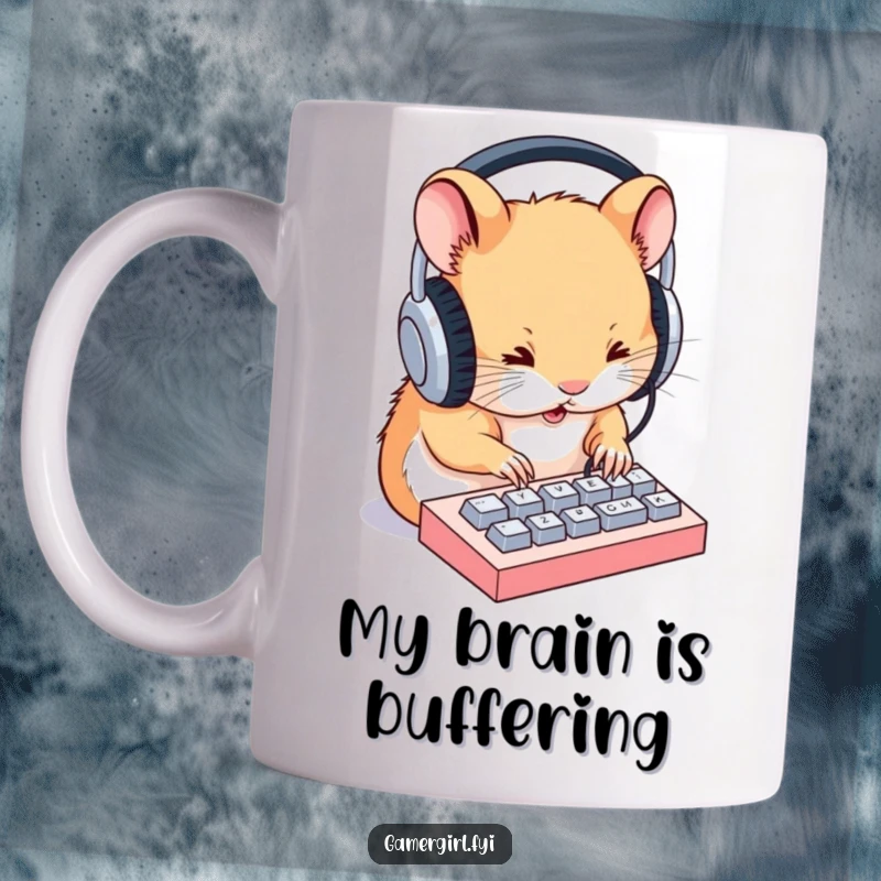 Funny mug featuring a determined hamster with oversized headphones furiously typing on a miniature keyboard, capturing the essence of focused work.