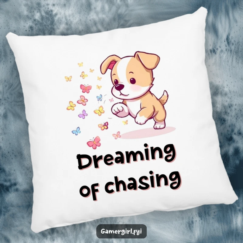 Funny pillow featuring a playful puppy trying to herd glowing pixelated butterflies. Cute and comfortable decor.