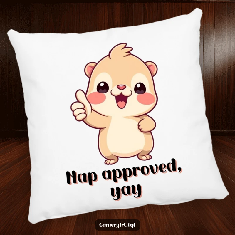 Funny pillow featuring a tiny creature enthusiastically giving a thumbs-up, embodying comfort and positive affirmation.