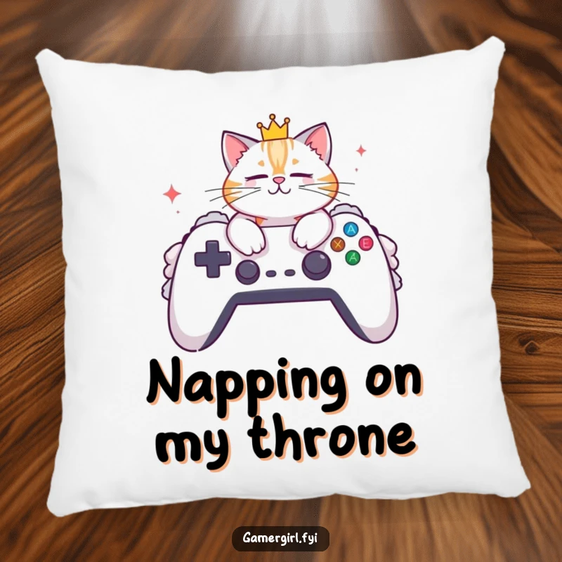 Funny pillow featuring a regal cat with a crown, lounging on a large, soft gaming controller. Decorative and comfortable.
