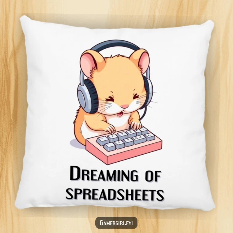 Funny pillow featuring a determined hamster with oversized headphones, diligently typing on a tiny keyboard, a cute and humorous decor item.
