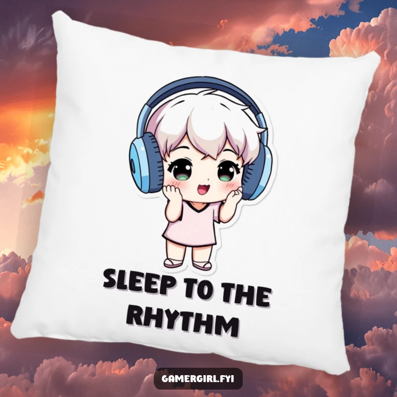 Funny pillow featuring a small individual wearing oversized headphones, grooving to music, embodying pure auditory bliss and comfort.
