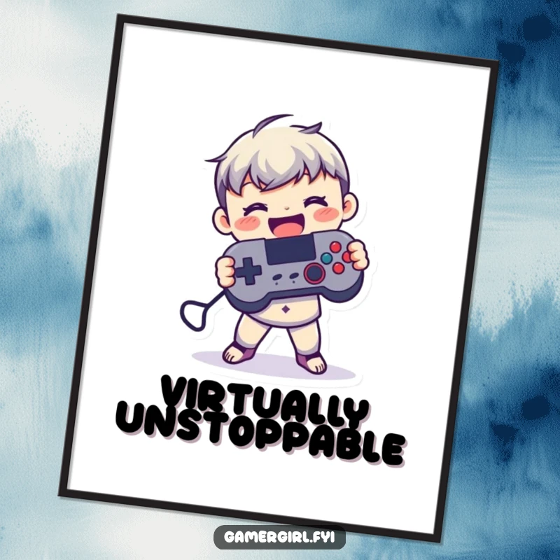 Funny digital art print of a small figure joyfully holding a game controller with both hands, celebrating the immersive fun of gaming.