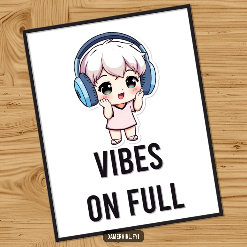 Funny digital art print of a small individual wearing oversized headphones, grooving to music, symbolizing pure auditory enjoyment.