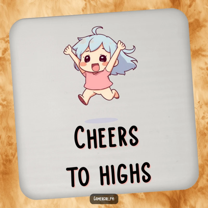 Funny drink coaster with a character leaping high in the air with exhilaration, adding a fun, celebratory touch.