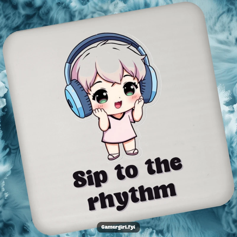 Funny drink coaster with a small individual wearing oversized headphones, grooving to music, designating a fun music zone.