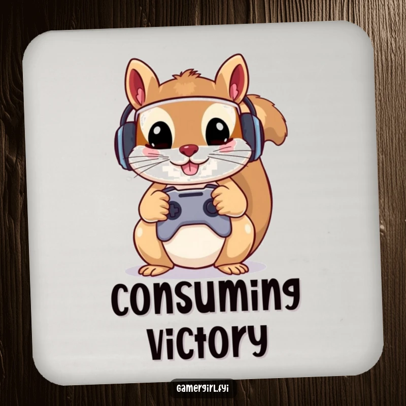 Funny drink coasters featuring a mischievous squirrel in a gamer headset, holding a controller. Cute and functional decor.