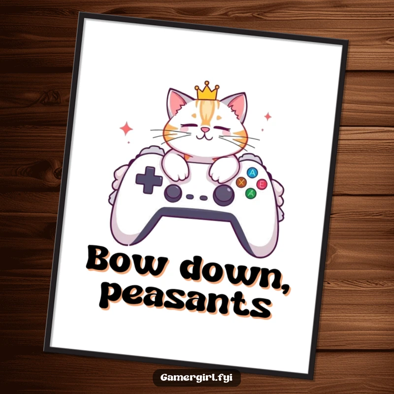Funny poster print of a stylish cat wearing a small crown, lounging majestically on a giant, plush gaming controller. Wall art.