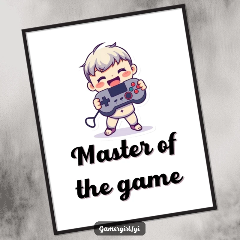 Funny poster art of a small figure joyfully holding a game controller with both hands, celebrating the immersive experience of gaming.