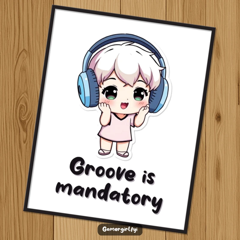 Funny poster art of a small individual wearing oversized headphones, grooving with pure exhilaration to the rhythm of music.