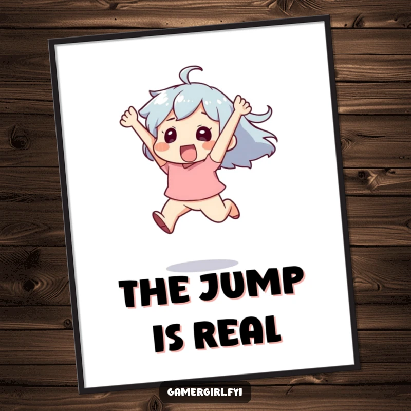 Funny poster art of a character leaping high in the air with immense exhilaration, capturing a moment of pure, unadulterated joy.