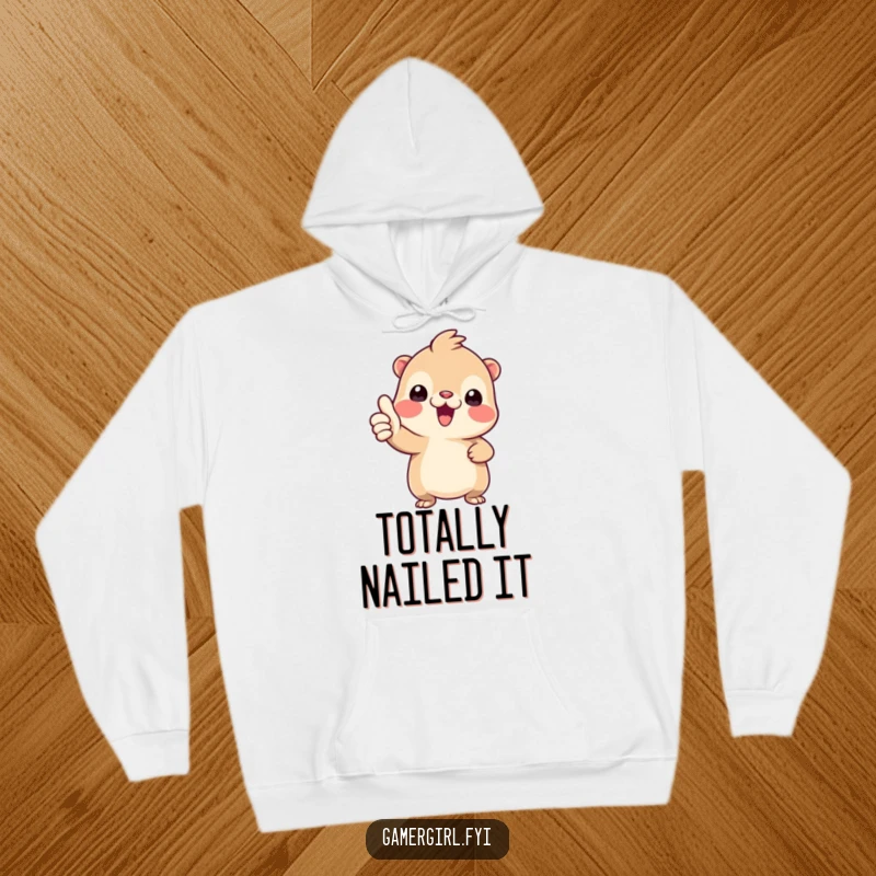 Funny hoodie depicting a tiny creature enthusiastically giving a thumbs-up, symbolizing positivity and encouragement.