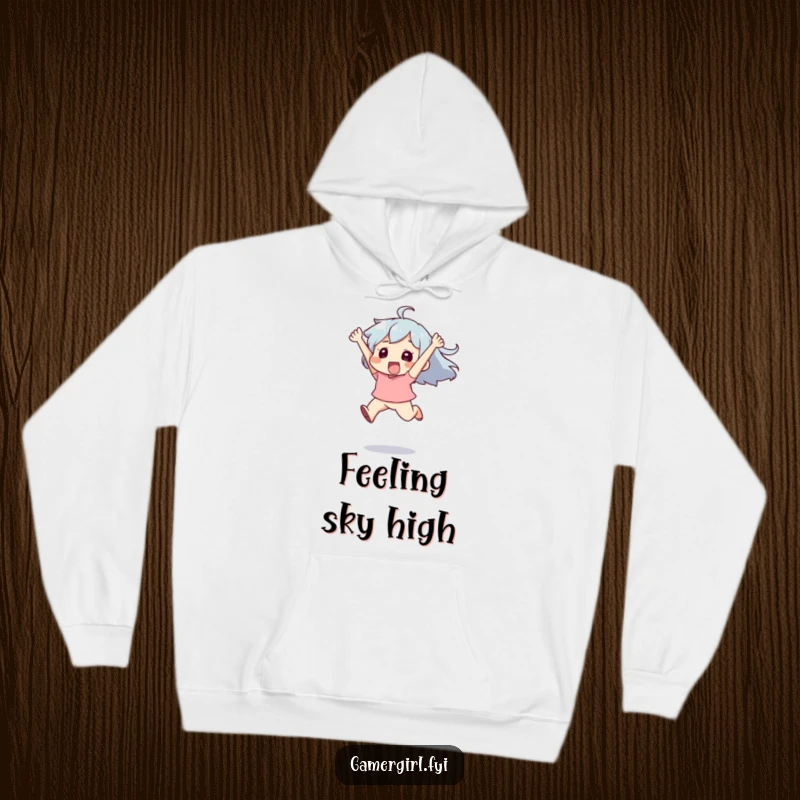 Funny hoodie depicting a character leaping high in the air with unbridled exhilaration, radiating positive energy and joy.