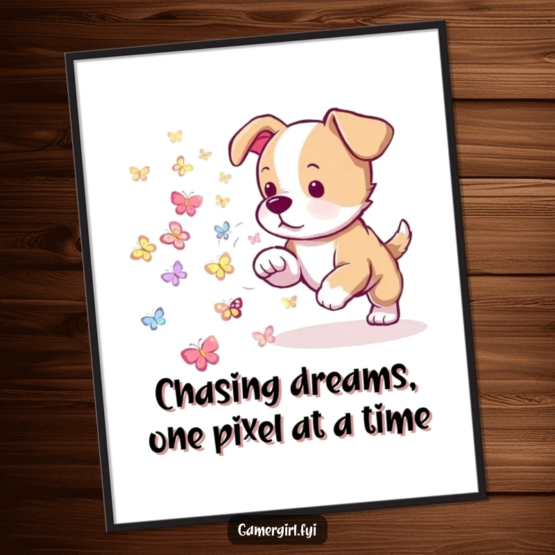 Funny Free Printable Wall Art: Playful puppy attempting to herd a swarm of tiny, glowing pixelated butterflies.