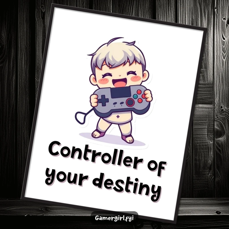 Funny Free Printable Wall Art: Small figure joyfully holding a game controller, representing gaming passion.