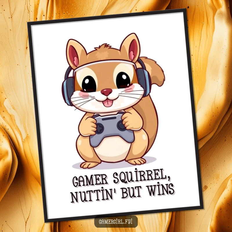 Funny Free Printable Wall Art: Mischievous squirrel wearing a tiny gamer headset, holding a controller with both paws.