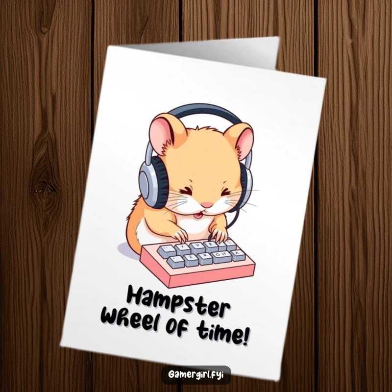 Funny Free Printable Birthday Card: Hamster in headphones typing furiously on small keyboard, celebrating a birthday.
