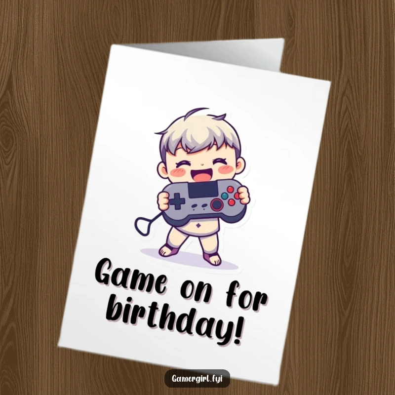 Funny Free Printable Birthday Card: Small figure joyfully holding a game controller, ready to play.