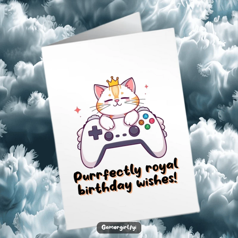 Funny Free Printable Birthday Card: Stylish cat in crown lounging on giant gaming controller, celebrating birthday.