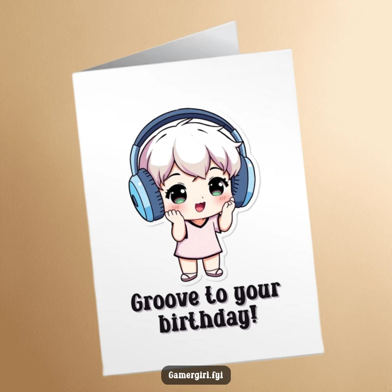 Funny Free Printable Birthday Card: Small individual wearing oversized headphones, grooving to the music.