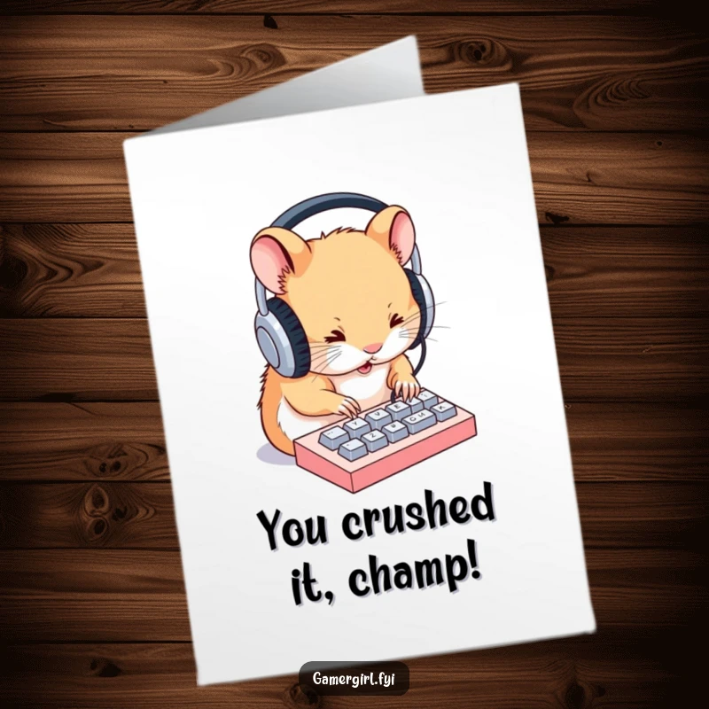 Funny Free Printable Congratulations Card: Determined hamster typing fast on keyboard, celebrating a success.