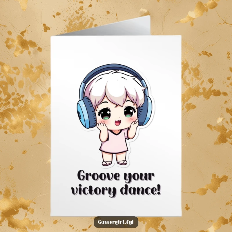 Funny Free Printable Congrats Card: Small individual wearing oversized headphones, grooving in celebration.