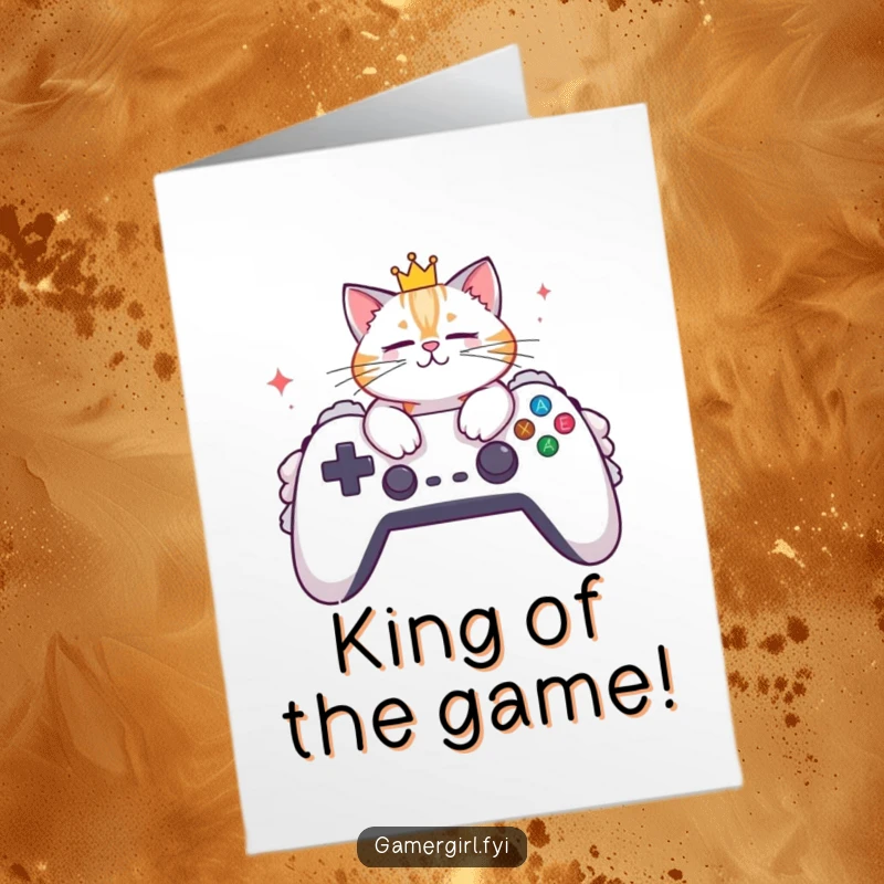 Funny Free Printable Congratulations Card: Stylish cat wearing crown, relaxing on a large gaming controller.