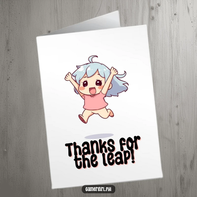 Funny Free Printable Thank You Card: Character leaping up in the air with great exhilaration and thanks.