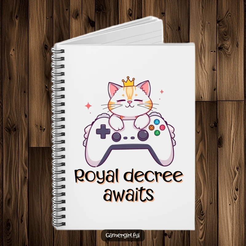 Funny notebook cover featuring a crowned cat lounging on a large gaming controller. Ideal for notes and planning.