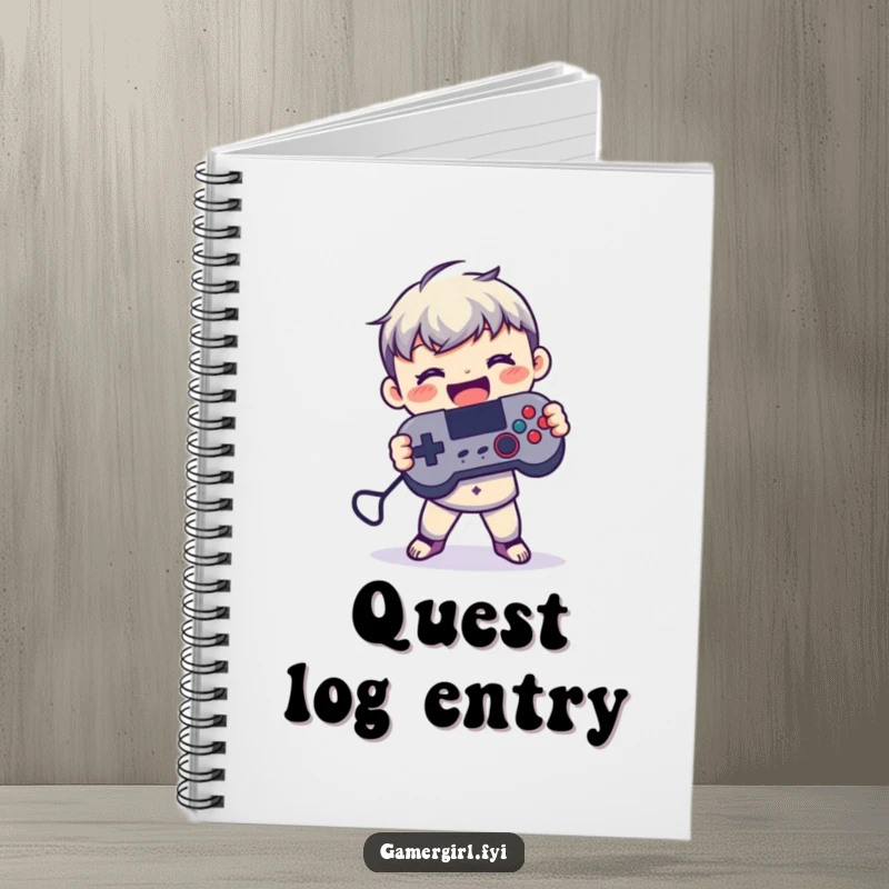 Funny notebook cover depicting a small figure joyfully holding a game controller with both hands, symbolizing strategic planning and gaming passion.