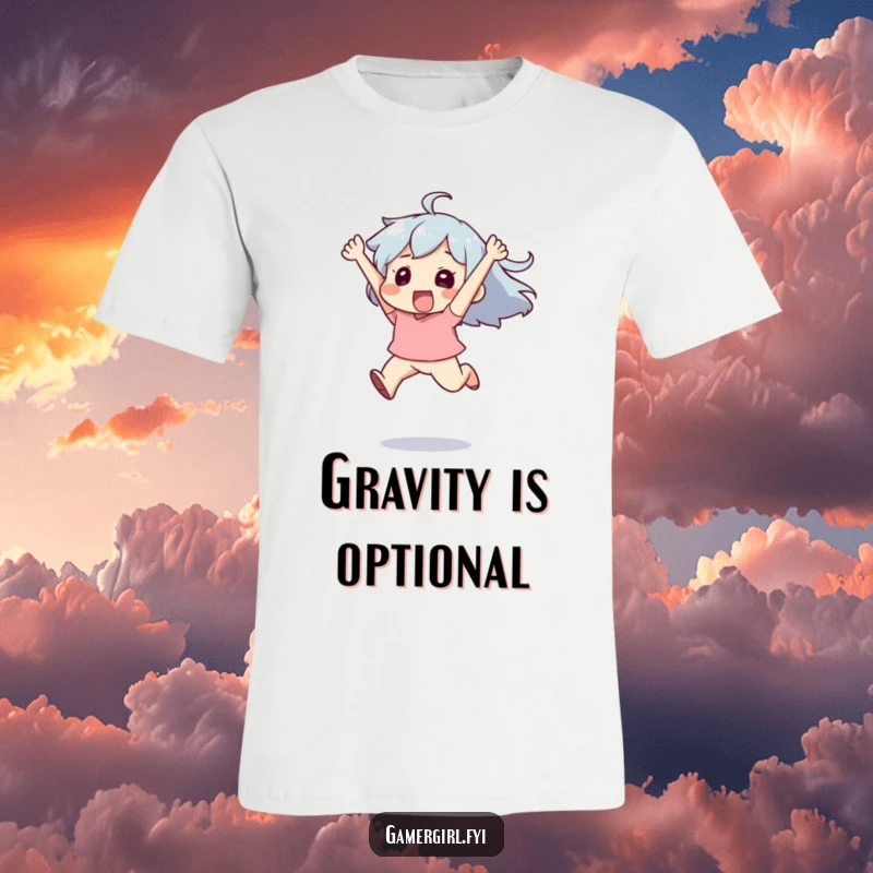 Funny t-shirt featuring a character leaping energetically in the air with sheer exhilaration, embodying happiness and freedom.
