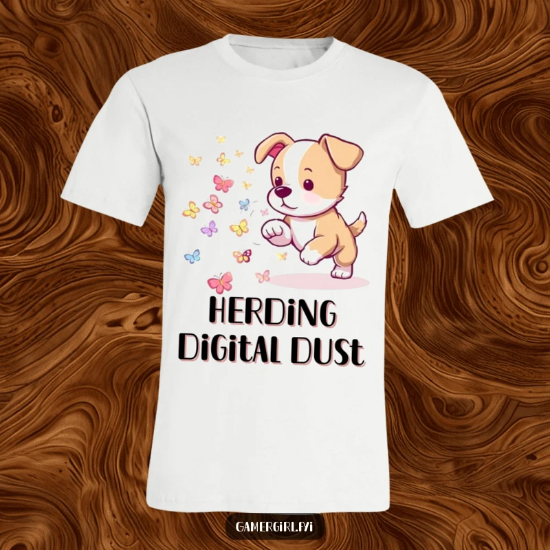 Funny t-shirt depicting a cute puppy enthusiastically herding a swarm of small, glowing pixelated butterflies. Gamer and pet apparel.