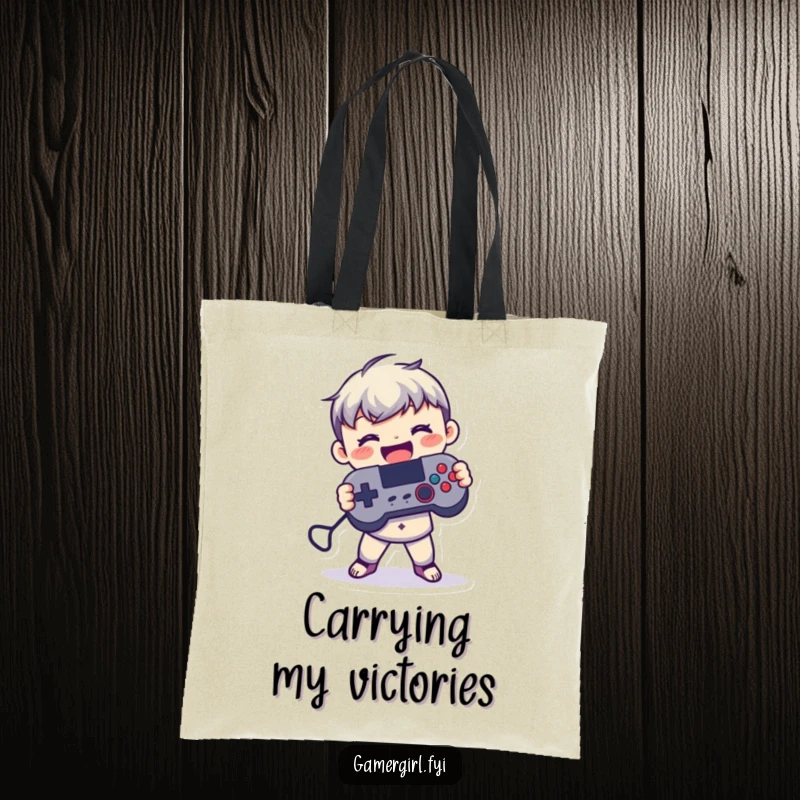 Funny tote bag featuring a small figure joyfully holding a game controller with both hands, perfect for gamers on the go.